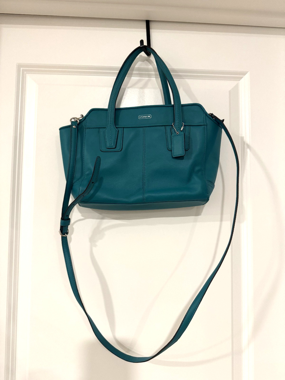 Coach Teal Satchel Tote Detachable Crossbody Strap Silver Zip Carryall Pockets